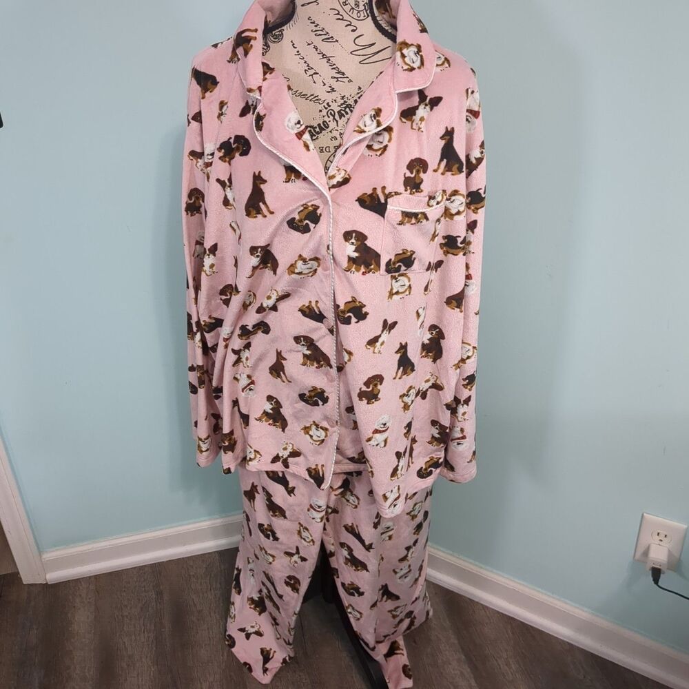 KAREN NEUBURGER LADIES 2x PAJAMA SET MINKY FLEECE PINK DOGS